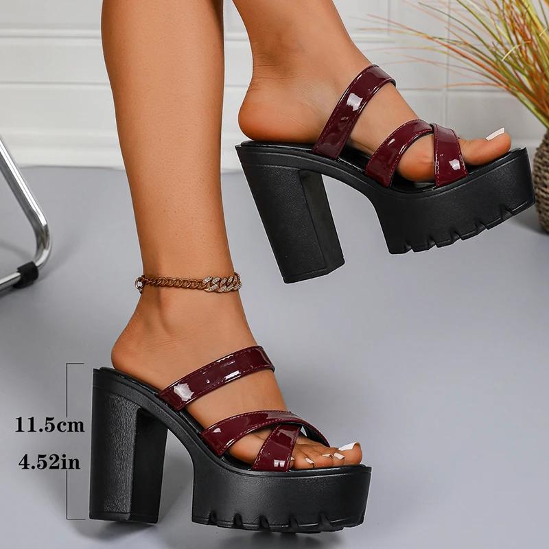 Fashion Street Cross Strap Pu Leather Slippers Women Fashion Slip On Thick Sole Sandals Woman Summer New Open Toe Wedding Slides Female