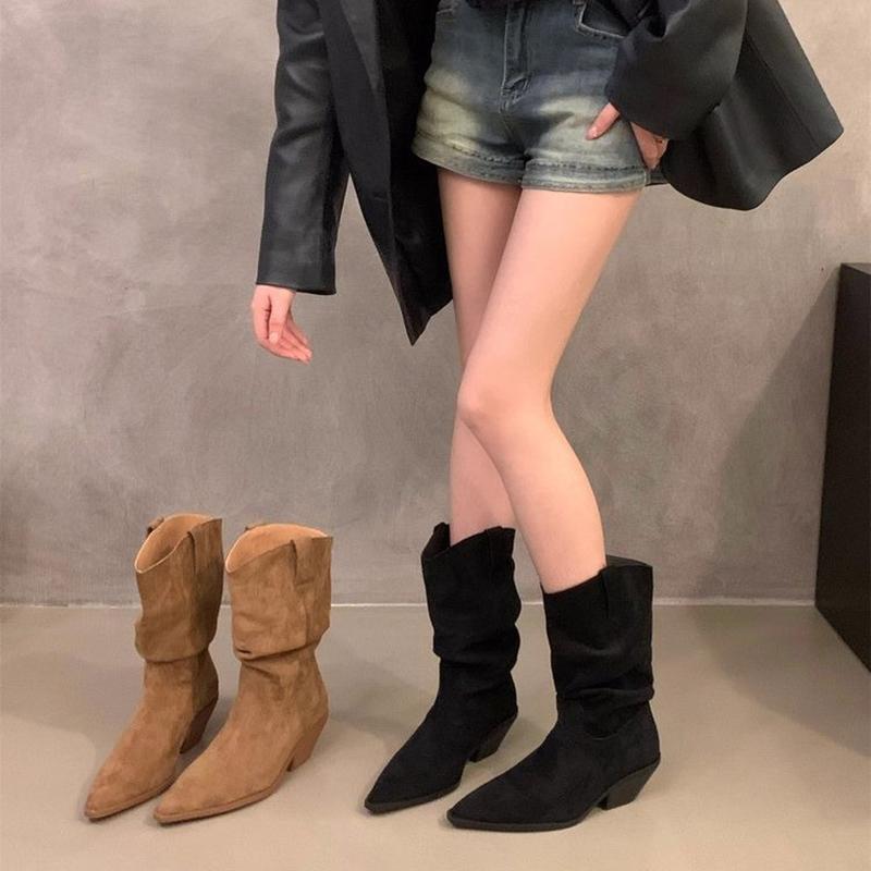 Vintage Thick Heel Pointed Toe Women Western Cowboy Boots Autumn Winter Ladies Shoes Elegant Slip On Mid Calf Booties