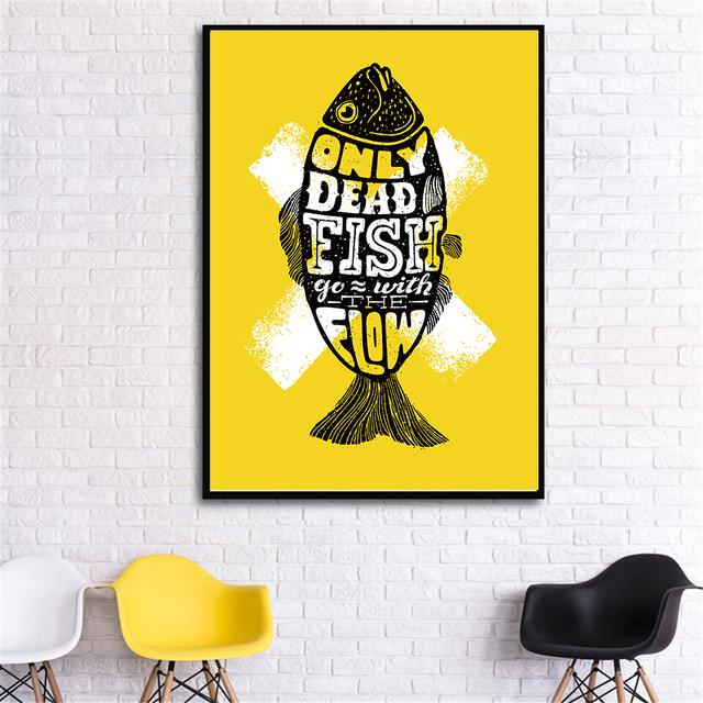 Nordic Poster Prints Black Cat Fish Qotes Wall Decor Cuadros Decoracion Yellow Wall Art Picture Kitchen Living Room Decoration
