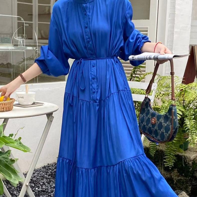 Frenchic Vintage Maxi Dress Women Stand Collar Lantern Sleeve Lace-up Female A-line Elegant Dresses Spring Autumn