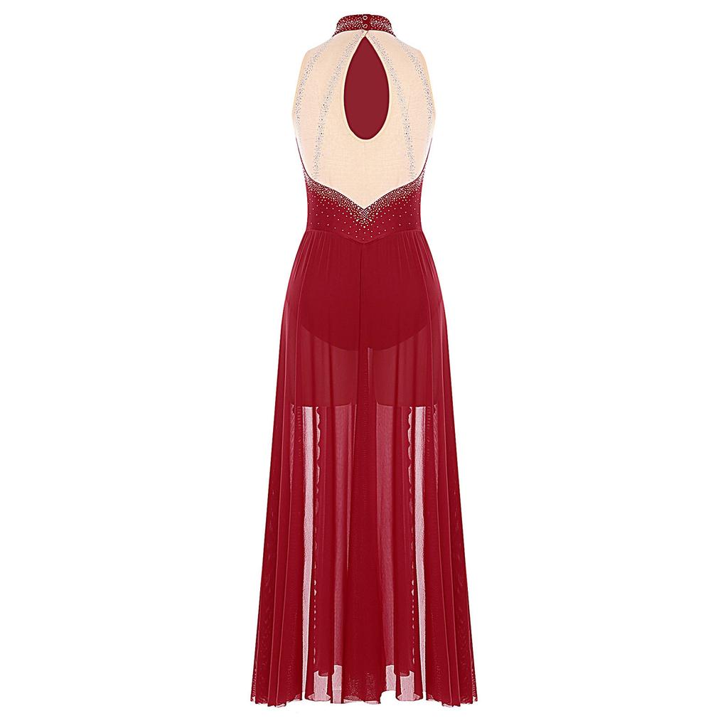Damen Modern Lyrical Dance Dress Ärmellos Split Sheer Mesh Ballet Gymnastik Trikotkleid Zeitgenössische Performance Dancewear