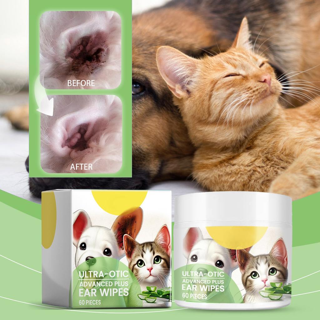 Rengöring av öron för husdjur Fingerservetter Rengöringsservetter för katter och hundar Öronrengöring Dekontamineringsservetter Mild 20 ml (60 st/kartong)