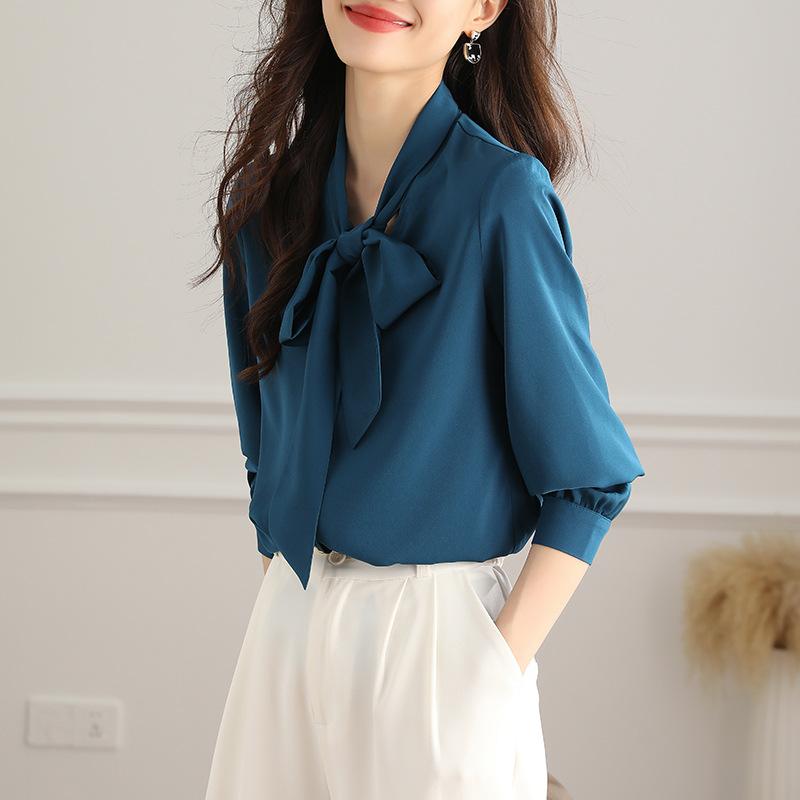 New Bow Shirt Women's Long-sleeved White Top Fashionable White Shirt Women