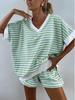 European and American Women's Stripe Knit Two-Piece: Loose Sweatshirt & High-Waisted Shorts Set