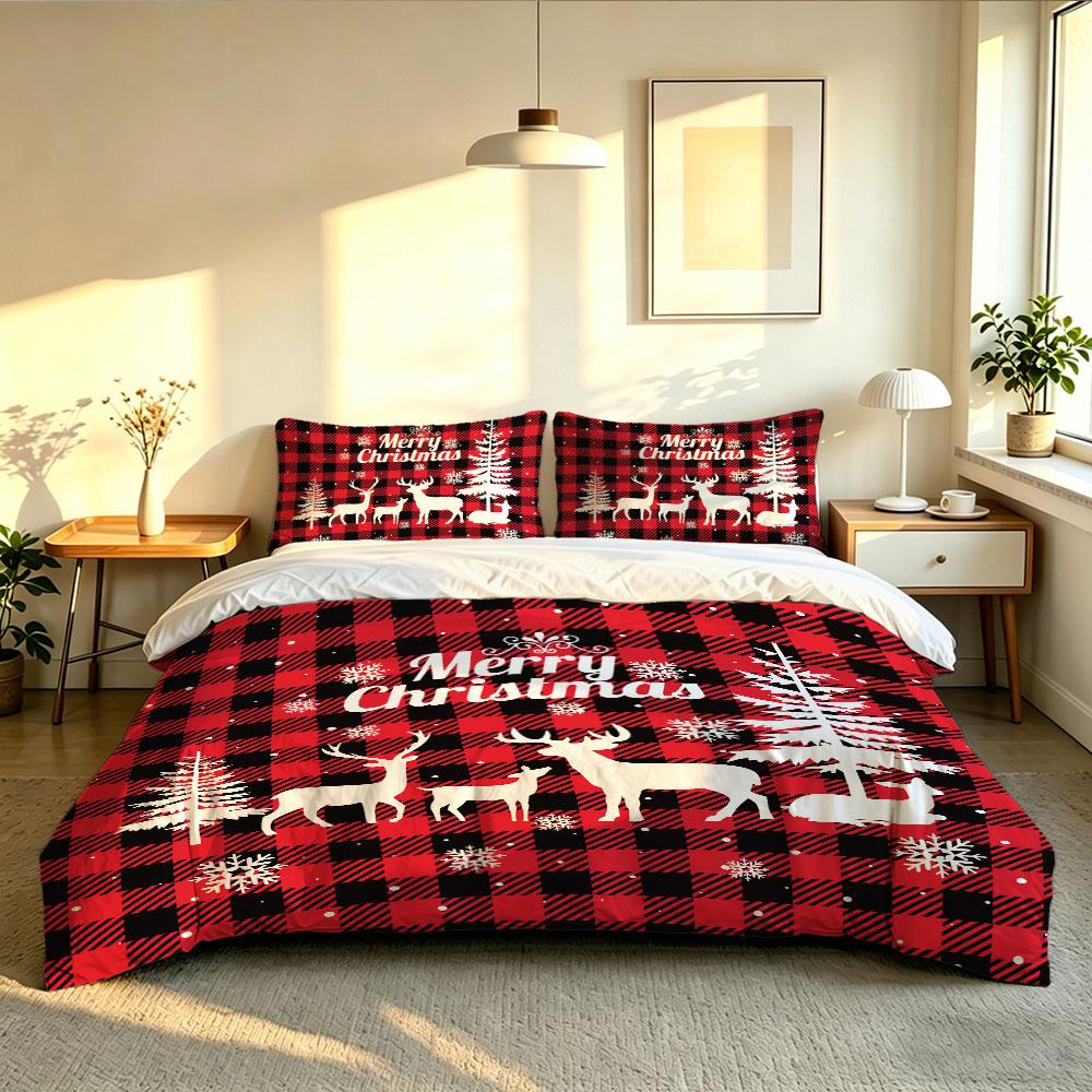 3pcs(1 Bedspread + 2 Pillowcases) Featuring Red and Black Plaid Christmas Elk and Snowflake Pattern Perfect for Home Decorati
