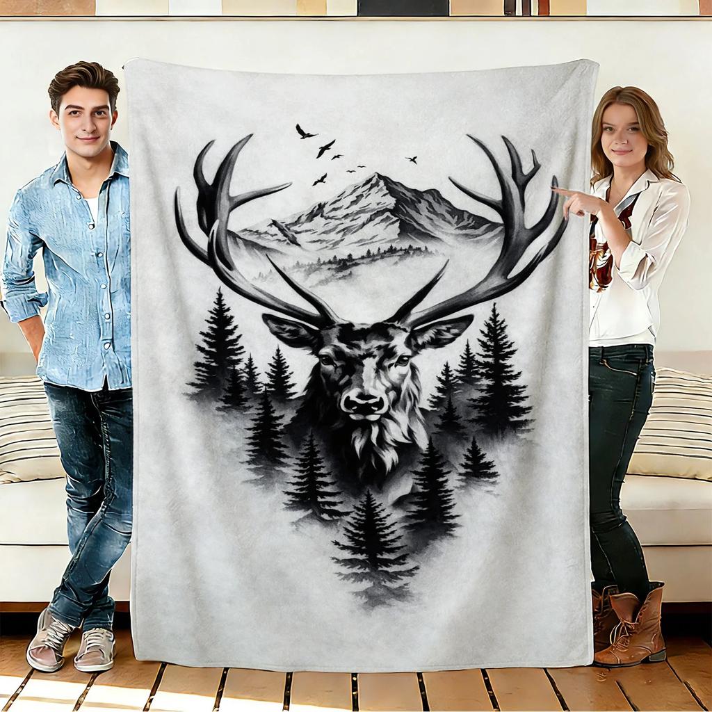 Vintage Moose Blanket Mountain Elk Decor Throw Blankets Flannel Forest Blanket