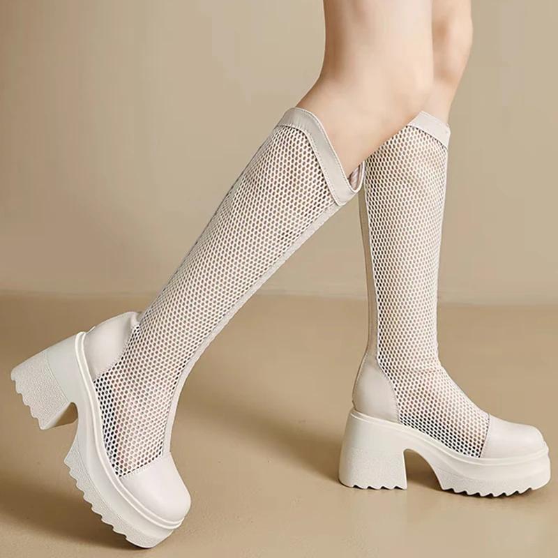 

Модные Сексуальные Сетчатые Ажурные Ботинки Женские Лето 2025 Однотонные Размер Молния До середины икры Ботинки для Женщин Модные Туфли на Платформе с Круглым Носком Леди 40 бежевый