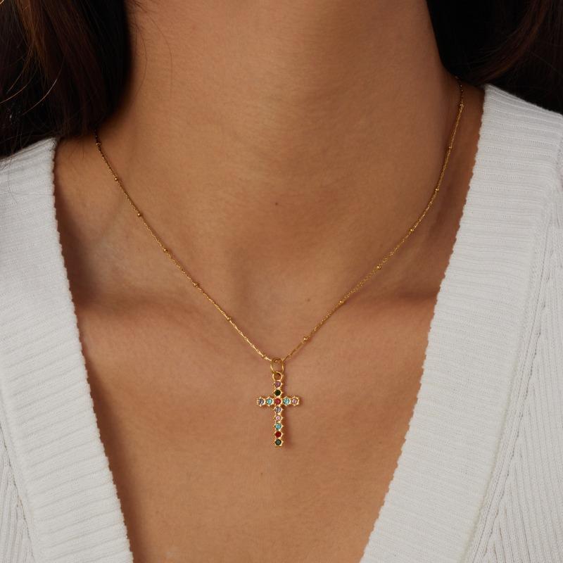 Gold Beaded Chain Cross Necklace with Colorful Crystal Pendant for Women