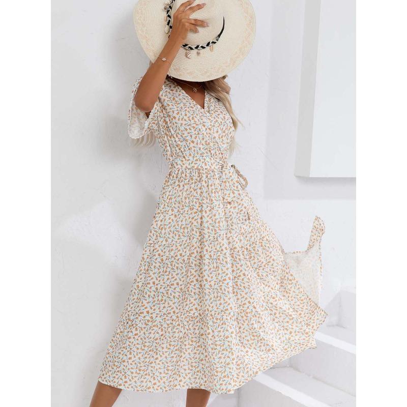 Summer Short Sleeve Floral Printed Women Dress New V Neck Fashion Elegant Loose Casual Party A-line Dresses Female Lace-up Women's Clothing
