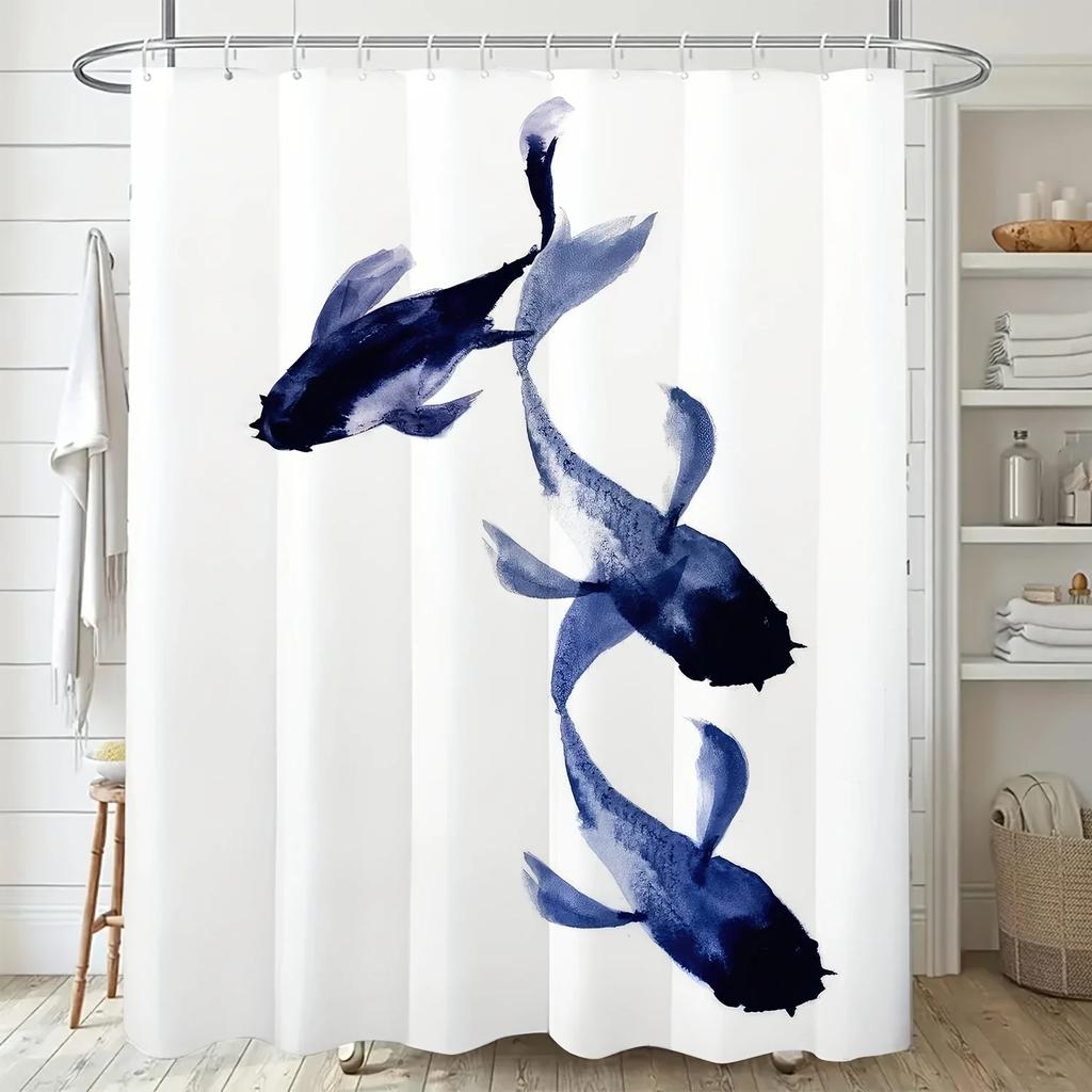 Modern Nordic Design Digital Print Shower Curtain, Polyester, Multicolor with Hooks, Machine Washable, Line Color, Home Decor