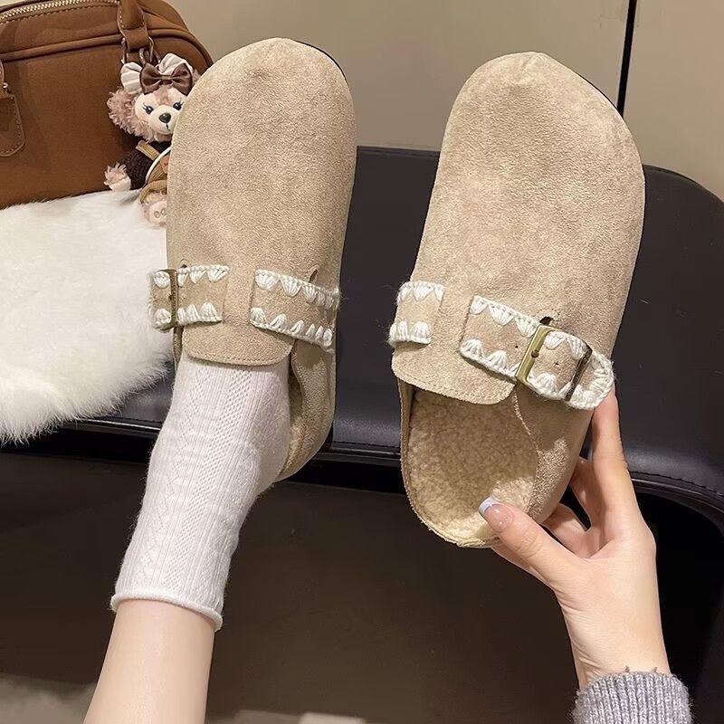 Birkenstocks, slippers, small fragrant soft-soled bag head, half slippers are not tired, versatile feet, round head, Korean version lace