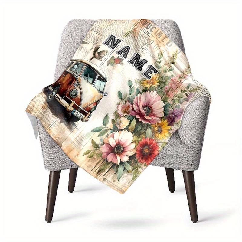Bus And Flowers Customize Your Name Blanket Used For Chair Office Sofa Bed Camping Soft And Warm Giving Friends And Relatives Birthday Graduation Gift