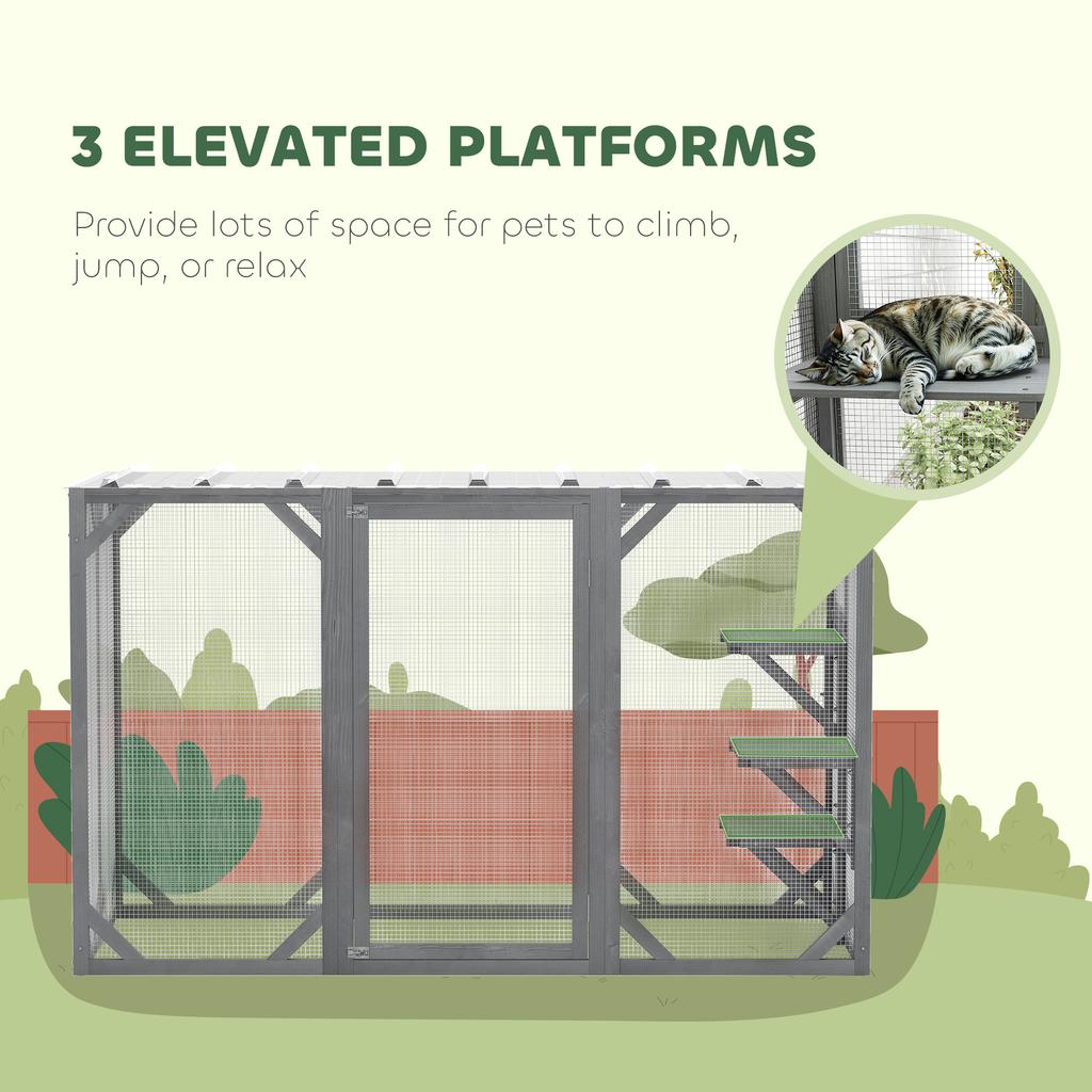 71" Outdoor Wooden Cat House with Three Platforms, Large Door, Water-Resistant Roof, for Multiple Cats, Grey