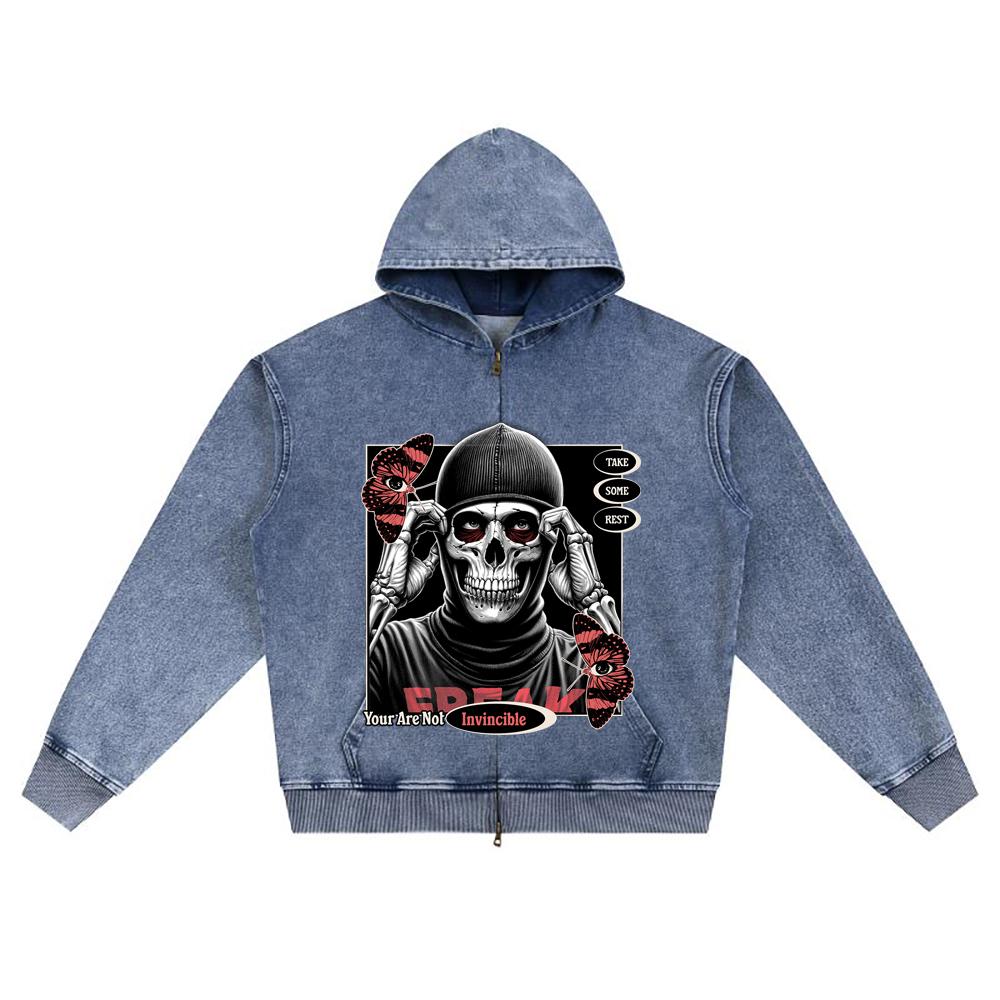 DTG Print Knitted Denim Zip-Up Hoodie Skull Graphic Brother Print Zipper Hoodies  