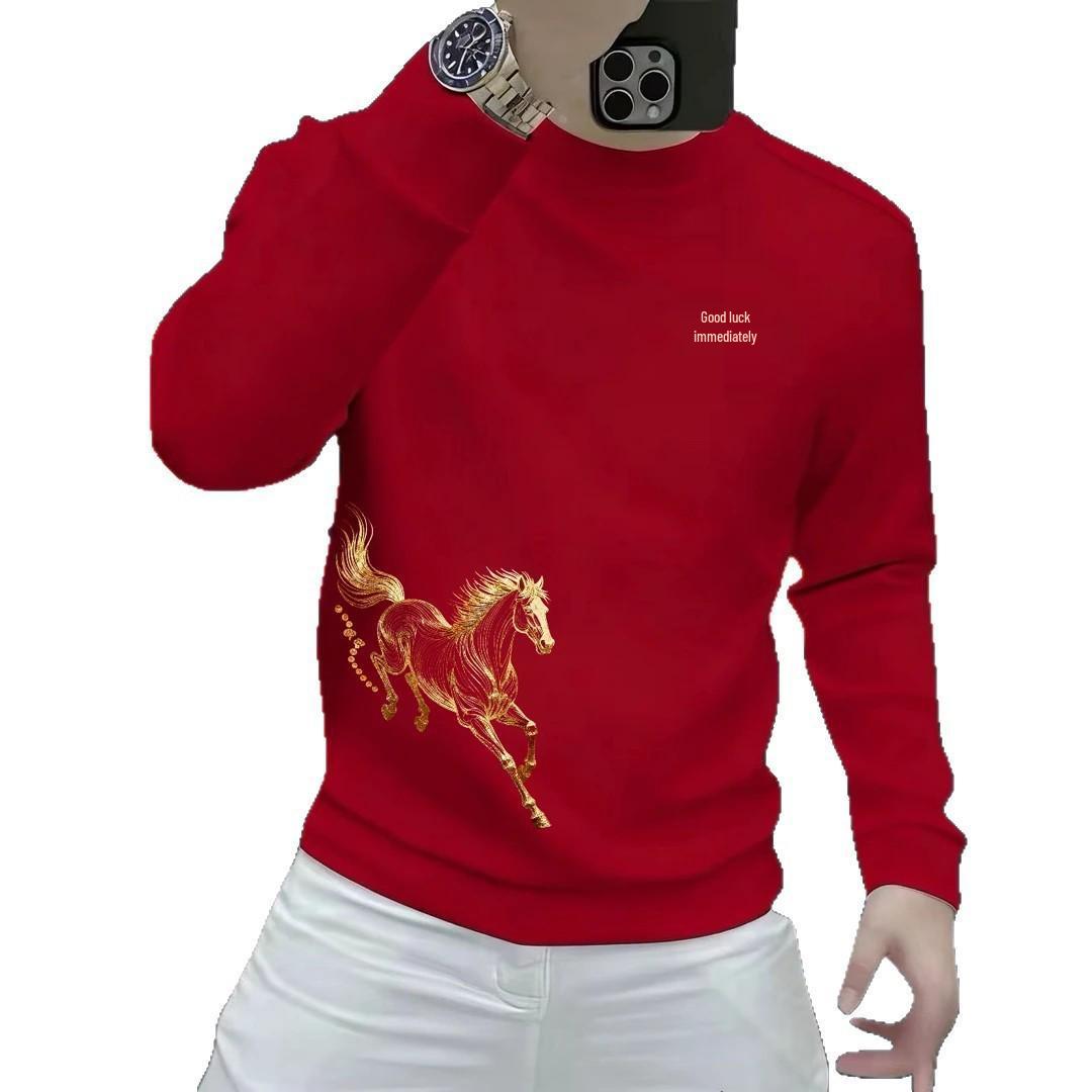 Men s Guochao 2026 Gold Label Red Hoodie - New Autumn/Winter Chinese Style, Versatile Loose Fit, Printed Pullover. M