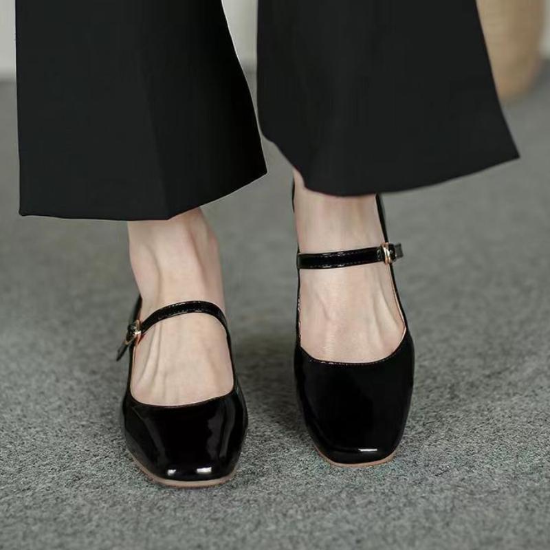 Fashion 2025 New High Quality Leather Dress Shoes Female Square Toe Shallow Buckle Strap Women's Shoes