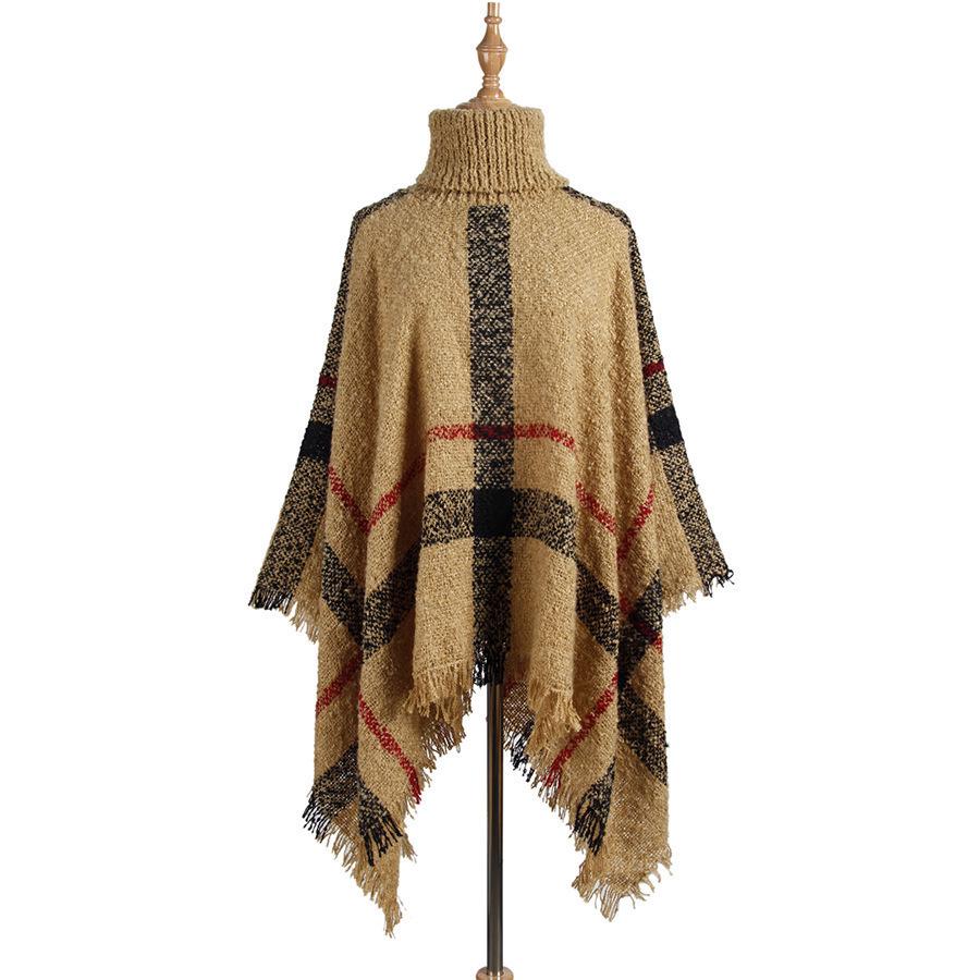 European & American Style Autumn/Winter Plaid Faux Cashmere High Collar Pullover Shawl 2025
