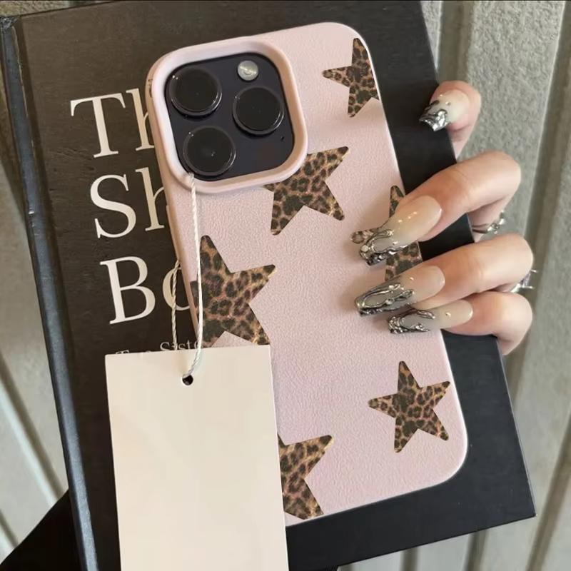 Leopard Print Stars Lychee Texture Phone Case For iPhone 17 Air 16 E 15 14 13 12 11 Pro Max Plus SE Soft Cover
