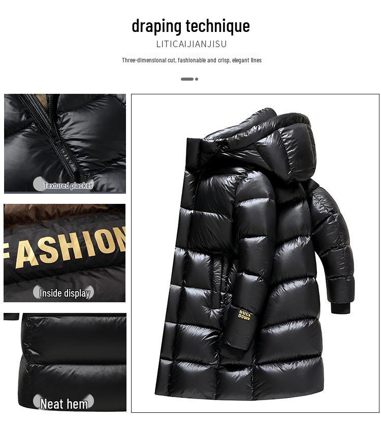 Men's and Women's Black and Gold Hooded Long Down Jacket - Thickened for Cold Protection