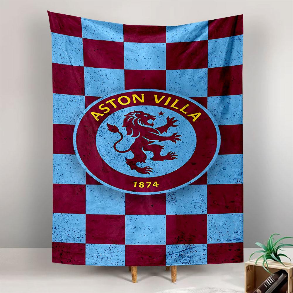 Aston Villa Football Club Oval Crest Wall Tapestry Lion Emblem Claret Light Blue Checkered Decor for Fan Bedroom Man Cave Gift