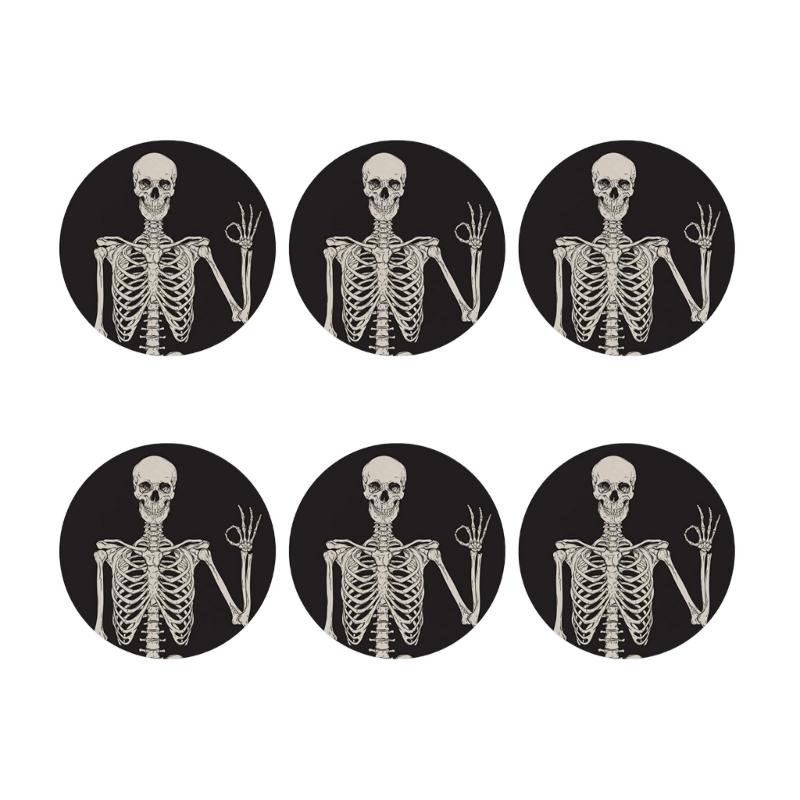

6Pcs Skeleton Skull Pattern Coasters Ceramic Stone Round Cup Mats Table Coasters Unique Gift for Women and Man 1