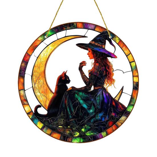 

Ведьма Подвесное Украшение Витражный Акрил 2D Ловец Солнца Ведьма на Луне Орнамент для Дома Комнаты Окон Стен Садов Автомобилей 15 cm D