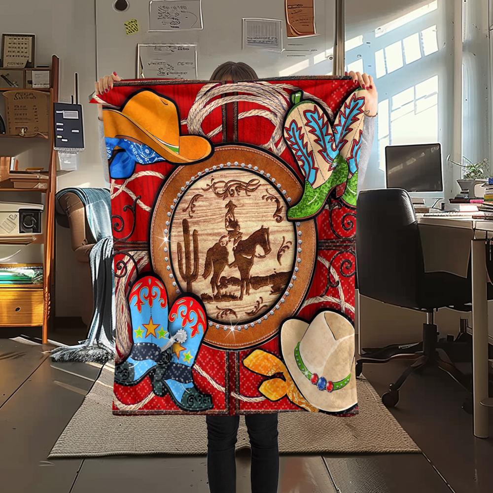 1Pc Western Print Flannel Blanket, High Quality Comfortable for All Seasons, Home Decor, Warmth and Comfort, Perfect for Christmas Gifts