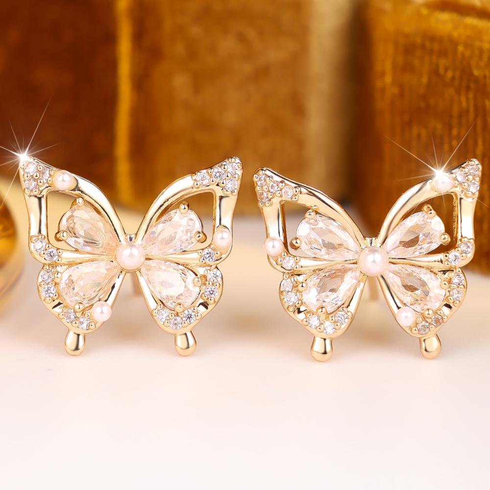 Elegant Gold Color Butterfly Shaped White Zircon Pearl Embellished Stud Earrings for Women Daily Party Gift