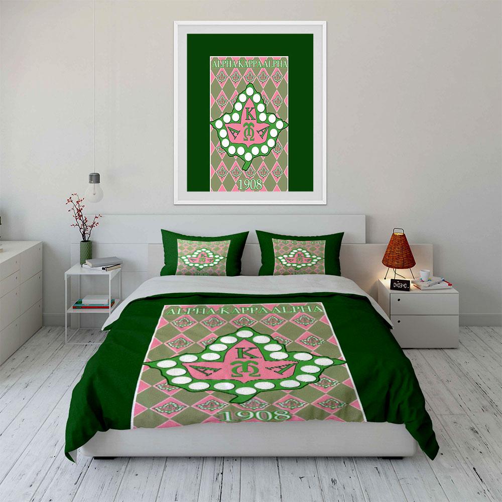 3Pcs AKA Sorority Leaf Diamond Bedding Set Pink Green Greek Fraternity Print Duvet Cover 2 Pillowcases Single Double Gift