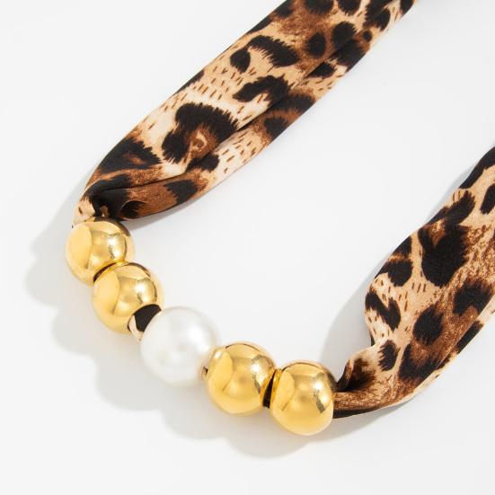Leopard Print Scarf Choker, Fabric Necklace with Faux Pearl Metallic Beads, Adjustable Velvet Choker Fashion Jewelry for Women Daily Wear Party