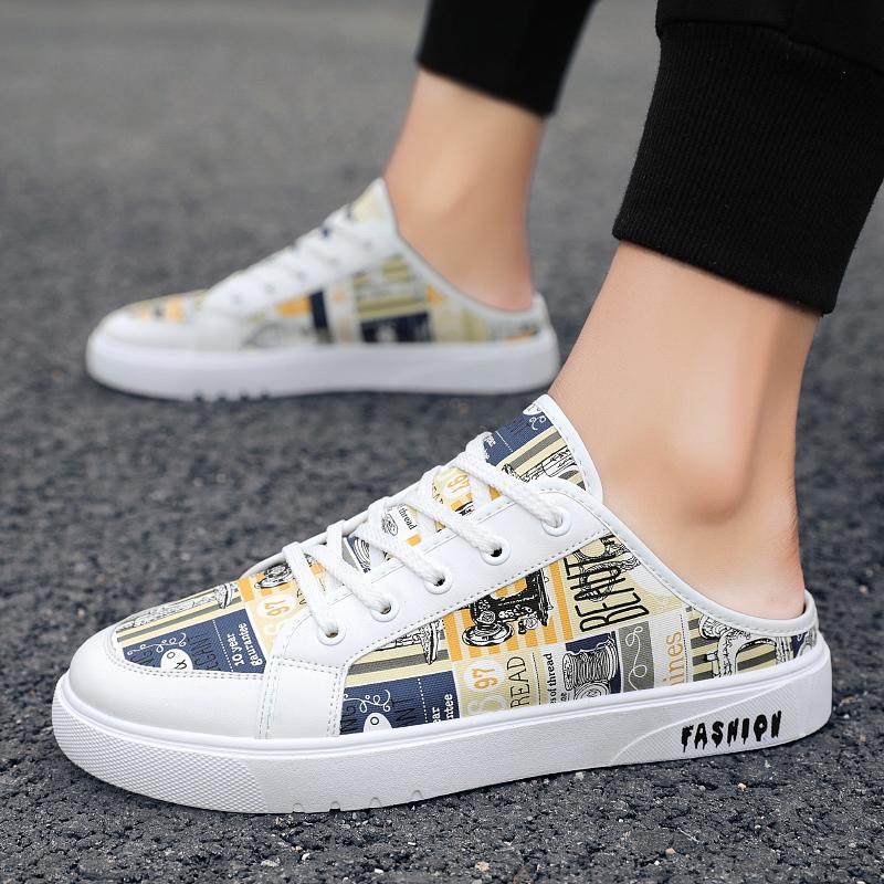 Closed Toe Sandals Half Shoes For Men Mules Canvas Flat Board Shoes Backless Loafers Slippers Man Slides Semi-Drag Casual Shoes