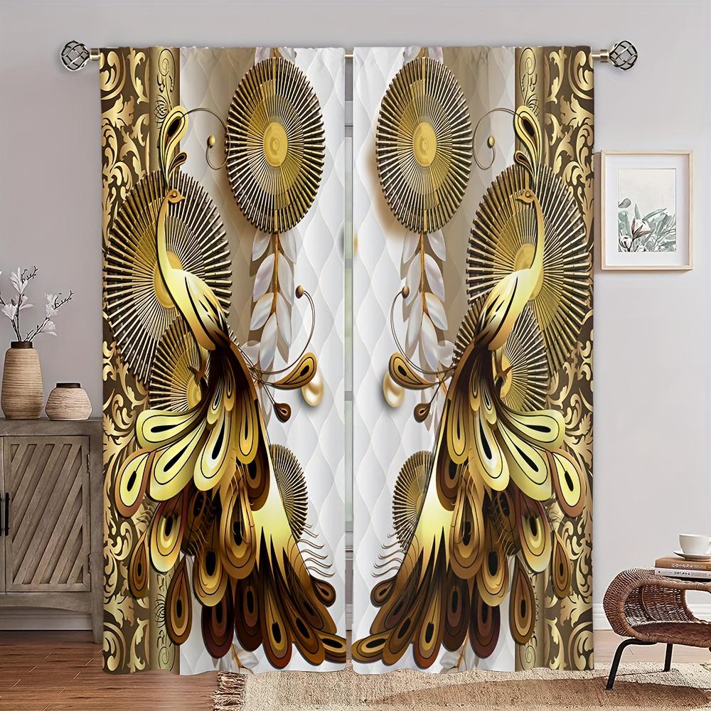 2pc Blue Peacock and Golden Tree Pattern Curtain Set Rod Pocket Mount Digital Printed Polyester Curtains for Living Room Kitchen