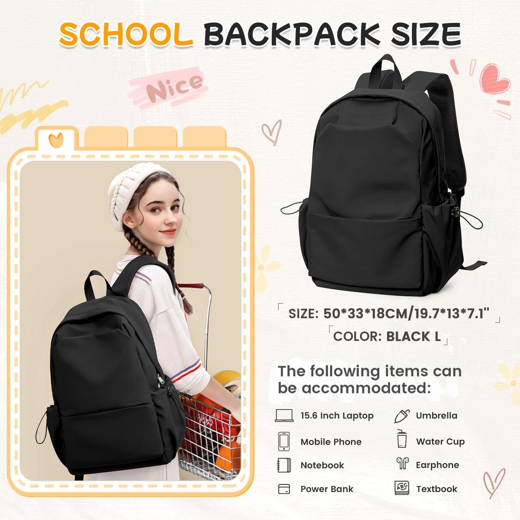 School Backpack Black Waterproof Bookbag Casual Lightweight Laptop Travel Rucksack Daypack School Bags for Boys Girls Teens