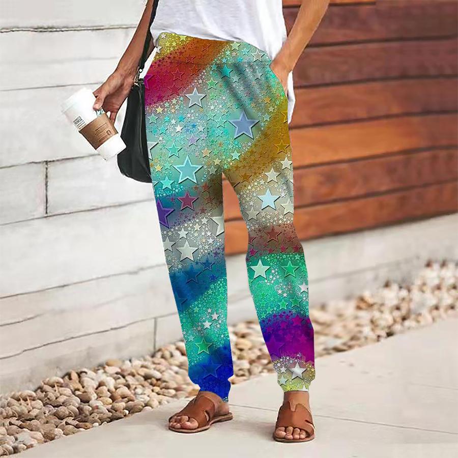 Women Star Printing Pants Lace Up Elastic Waist Loose  Trousers Casual Long Pants Trousers with Pockets