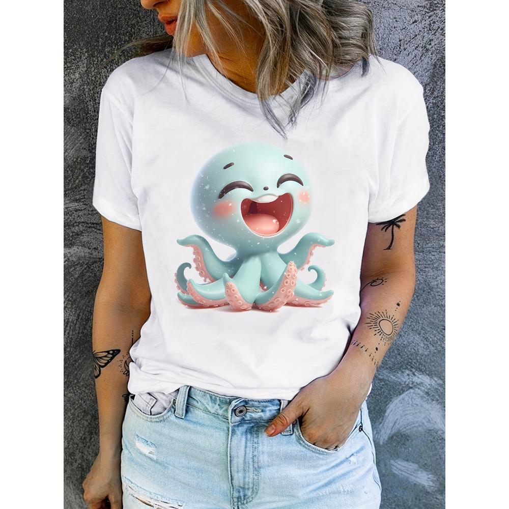 

Adorable Octopus Graphic Crew Neck Tee Casual Short-Sleeve Perfect for Spring and Summer Women Oriented Towards Styles S
