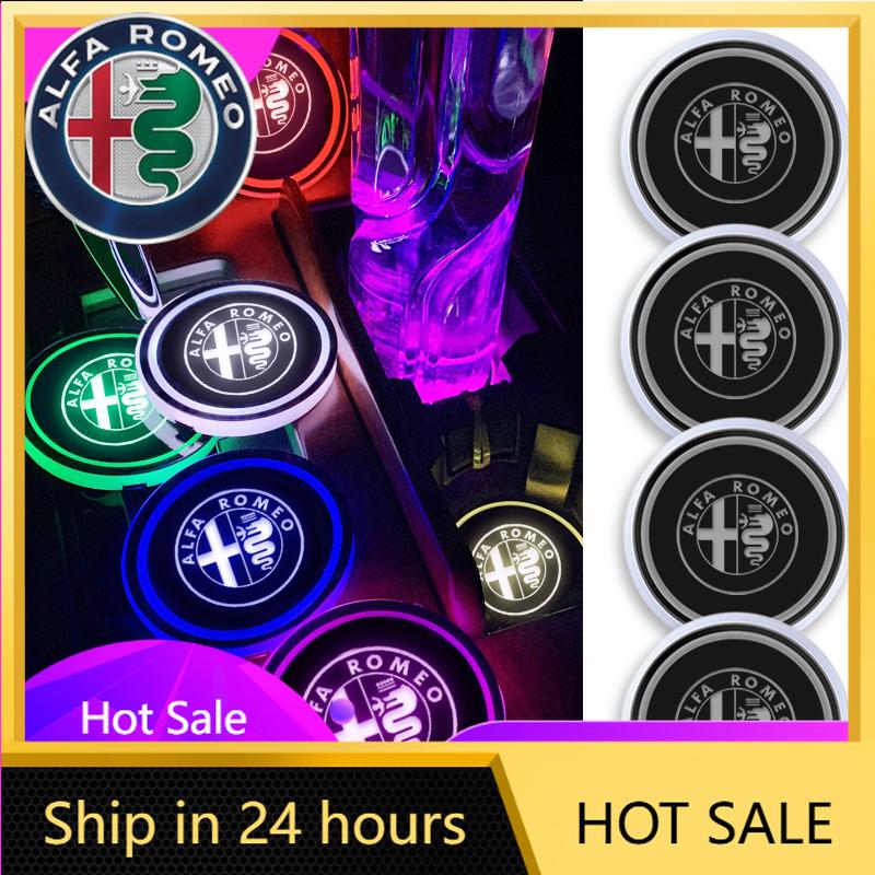 Autoaufkleber Für Alfa Romeo 7 Farben Auto LED Leuchtende Getränkeuntersetzer Auto Untersetzer Matten Für Alfa Romeo Giulia Stelvio Giulietta 1
