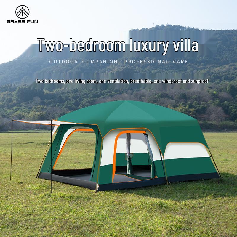 Large Double-Layer Stormproof Tent for 5-12 People - Two Rooms, Living Area, Foldable, Portable Outdoor Camping Equipment.