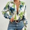 Watercolor Floral Print Long Sleeve Shirt Top Women Summer French Chic Satin-Feel Blouse Loose Fit Resort Wear