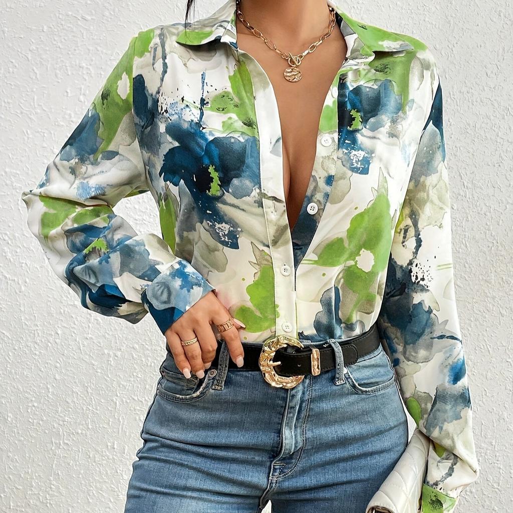 Watercolor Floral Print Long Sleeve Shirt Top Women Summer French Chic Satin-Feel Blouse Loose Fit Resort Wear