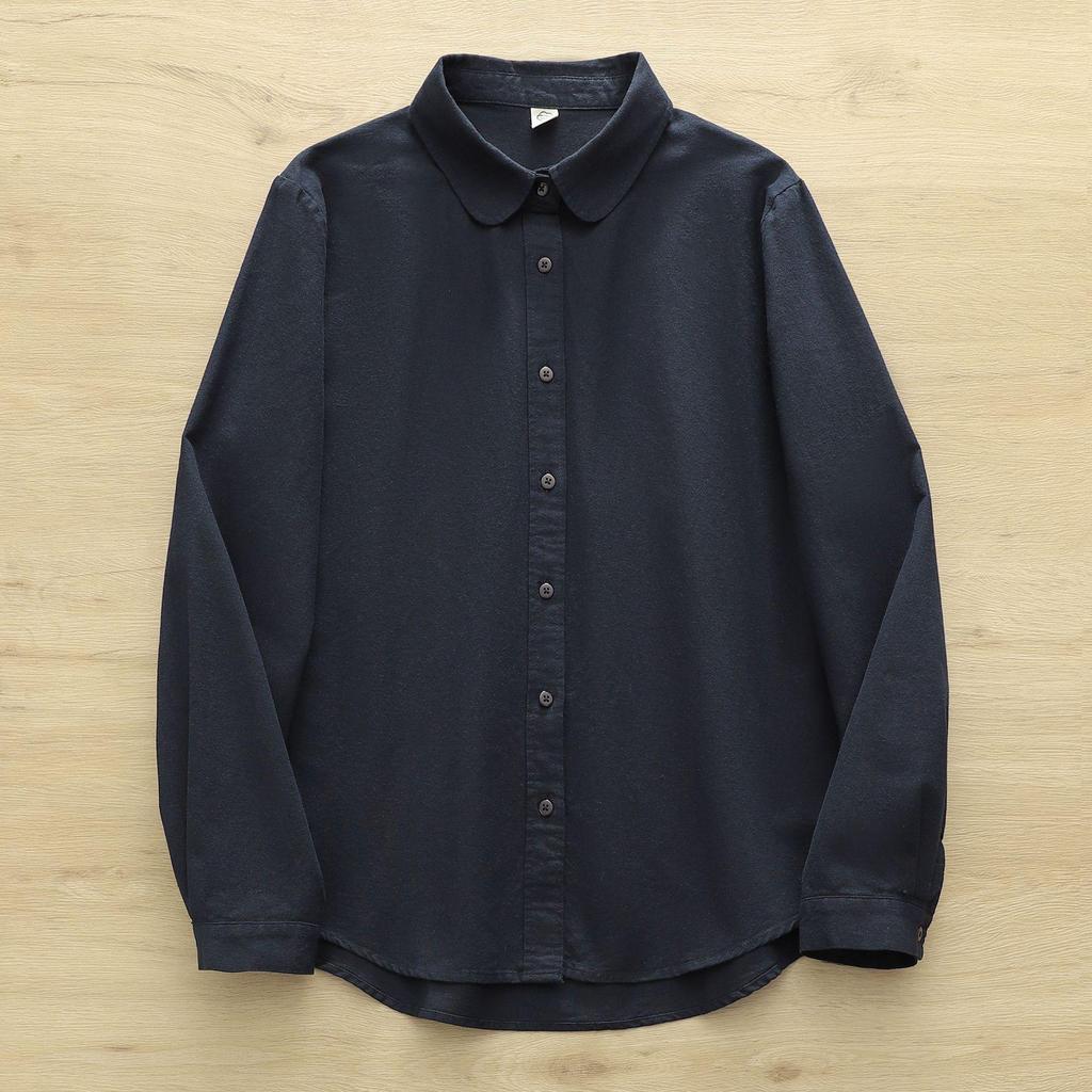 Women's Casual Round Neck Long Sleeve Brushed Cotton Shirt for Winter and Autumn