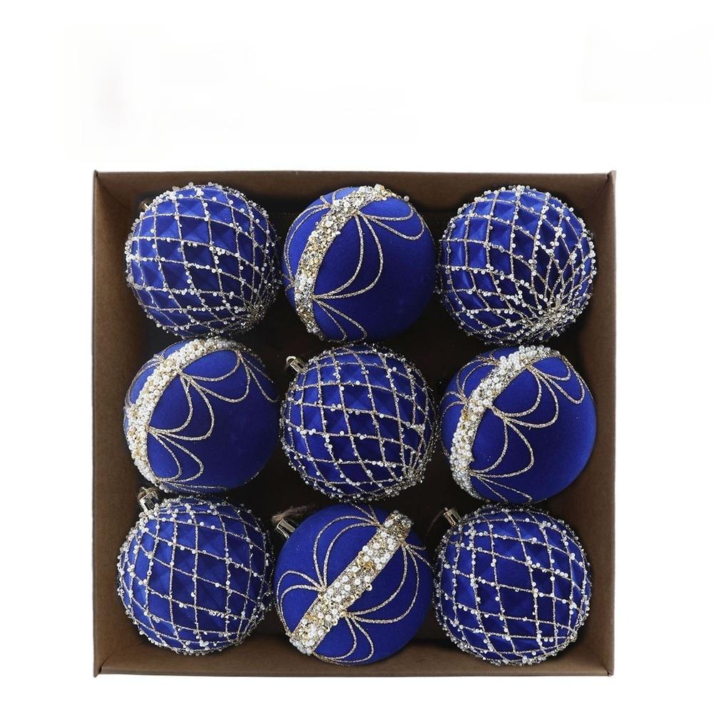 Luxury Navy Flocked Christmas Ornaments With Gold Beads, Hanging Decor For Xmas Tree, Window, Mantel, Tabletop And Holiday Party