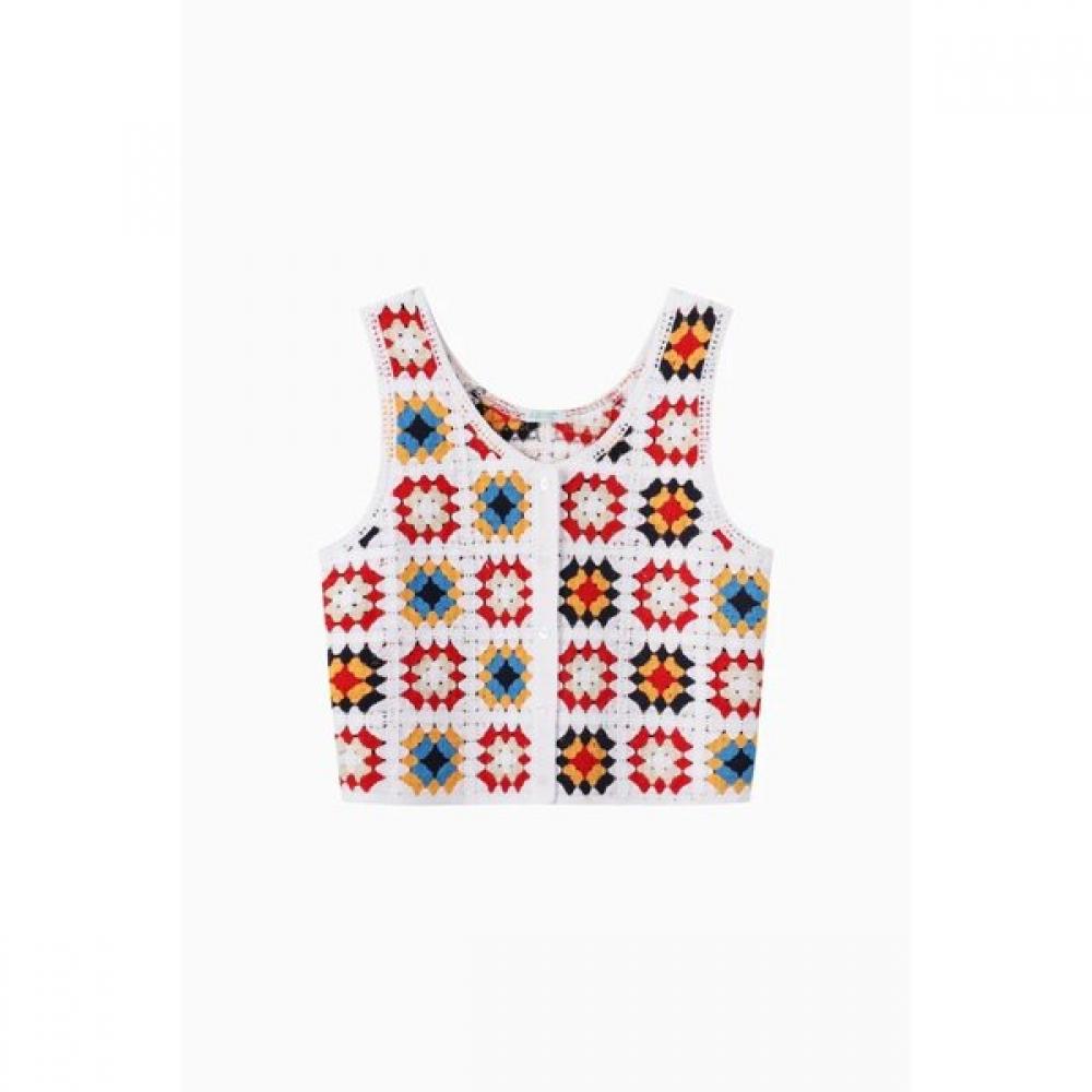 Benetton Multi Color Motif Crochet Knit Vest Bakv90631 MU/OS