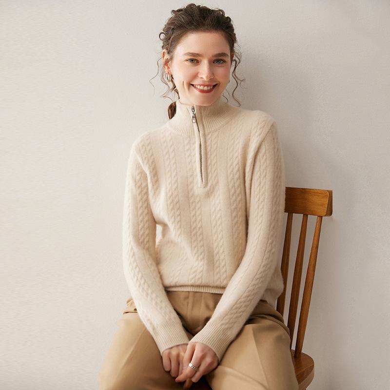 Women's Thickened Cashmere Stand Collar Sweater - Loose Fit, Zipper Lapel, Autumn/Winter 2024