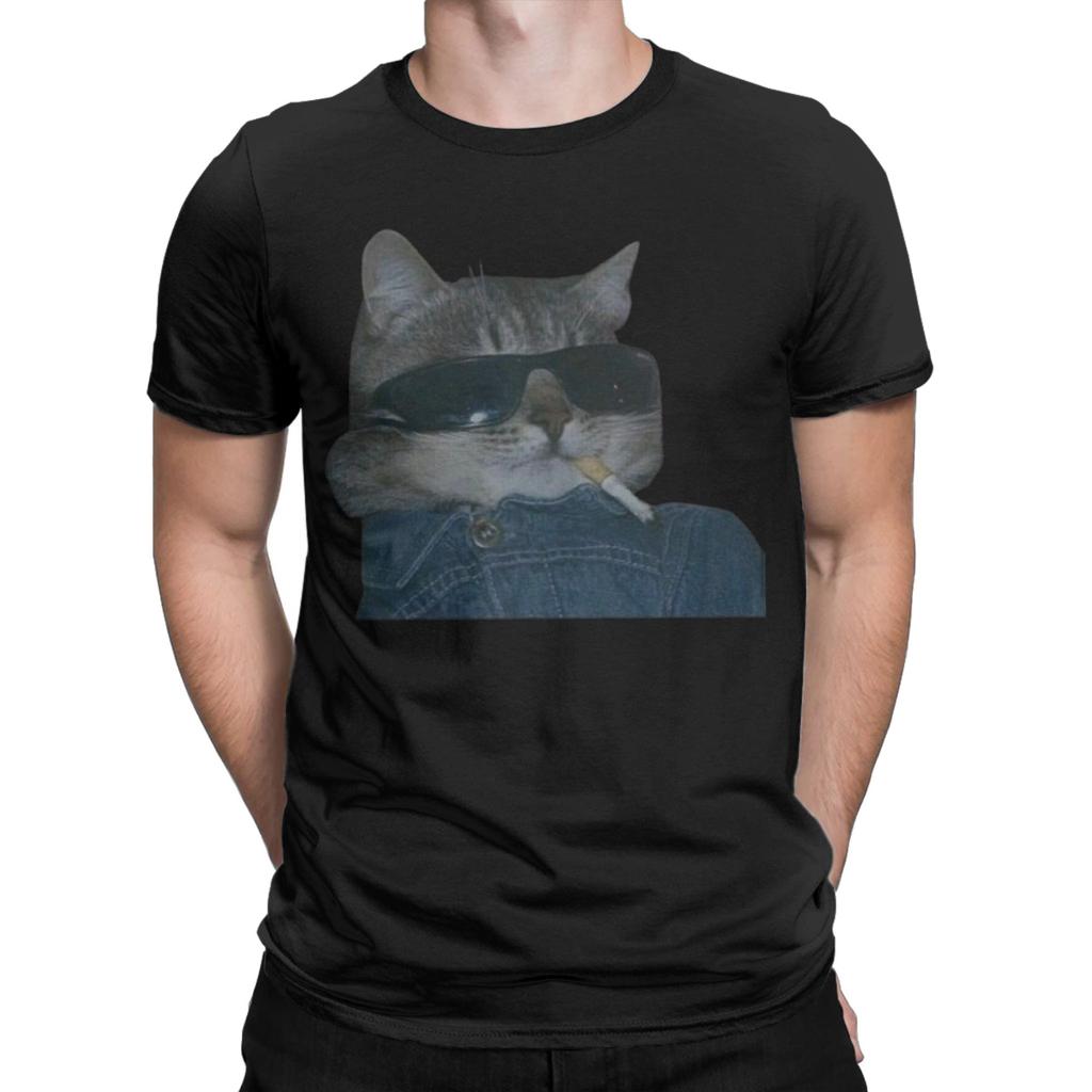 Smoking Cat Cigarette Men T Shirts Fashion Tee Shirt Short Sleeve Round Collar T-Shirt Cotton Plus Size Clothing - Men's Sum...