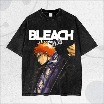 Hot Anime BLEACH Kurosaki Ichigo Print T-shirt Men Short Sleeve Clothing Cotton Tshirt Retro Washed T Shirt Harajuku Manga Tops