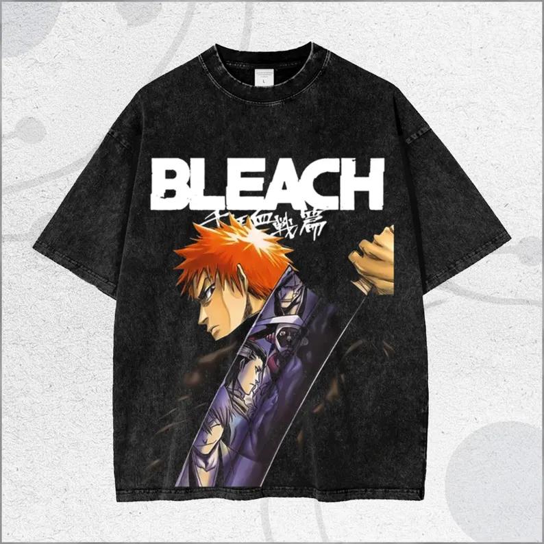

Горячая Аниме BLEACH Куросаки Ичиго Принт Футболка Мужская с коротким рукавом Одежда Хлопковая Футболка Ретро Стирка Футболка Харадзюку Манга Топы S чёрный