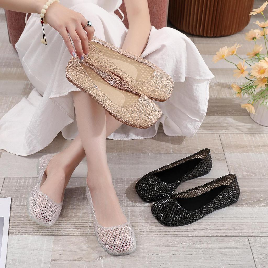 Women's Fashionable Square Toe Crystal Mesh Flats with Sequins