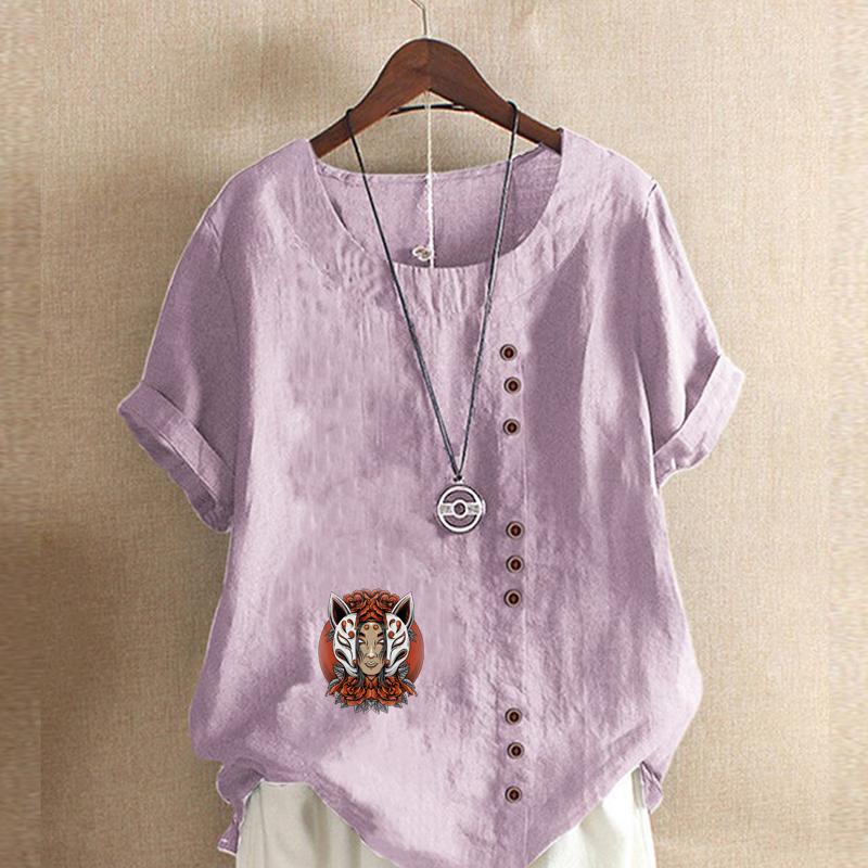 Women's Fashion Round Neck Short Sleeve T-shirt Casual Cotton Linen Graphic Shirt Leisure Loose Cartoon Characters Prined Summer Blouse Tops