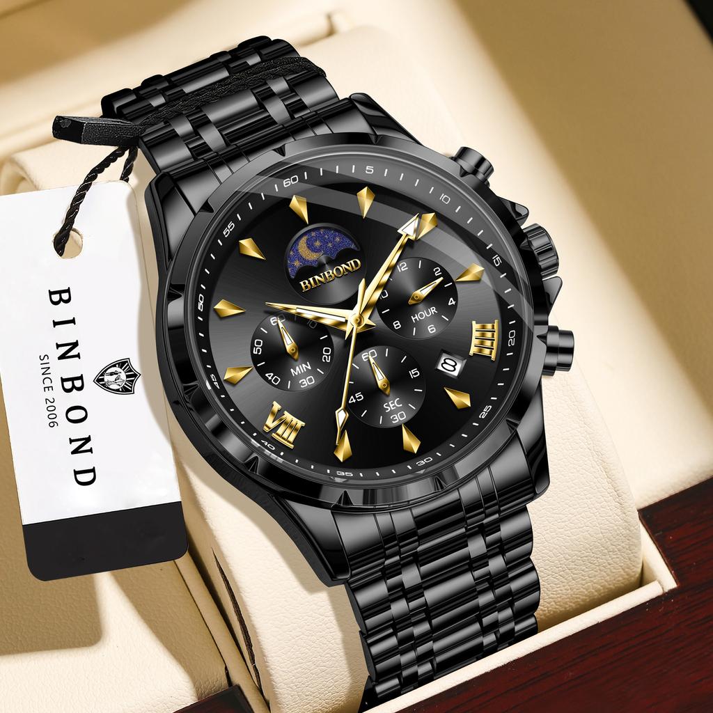 Mens Business Chronograph Watch Stainless Steel Analog Moon‑Phase Wristwatch Waterproof Luminous