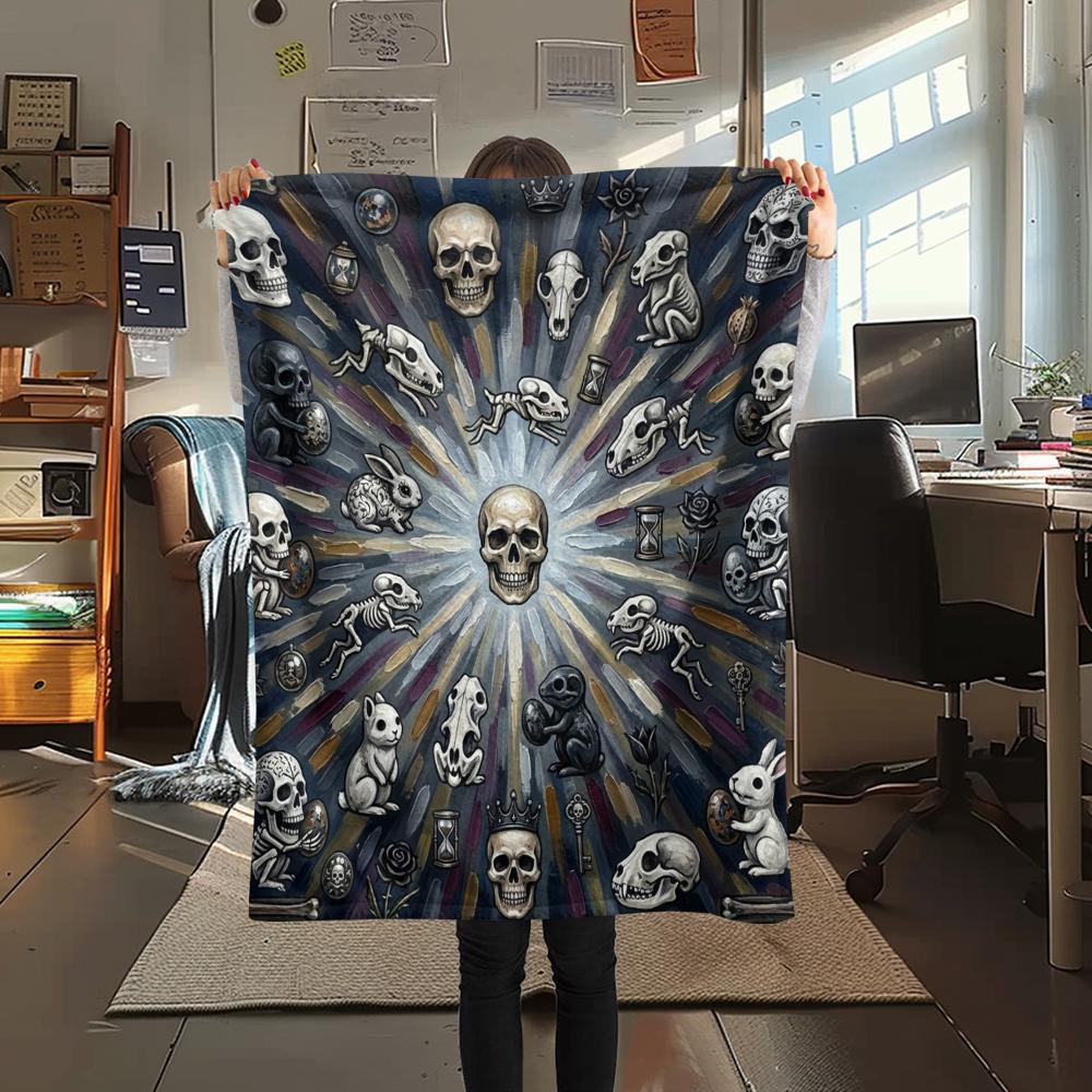 1Pc Skull Print Flannel Blanket, High quality Comfortable for All Seasons, Home Decor, Warmth and Comfort, Perfect for Christmas Gifts W52